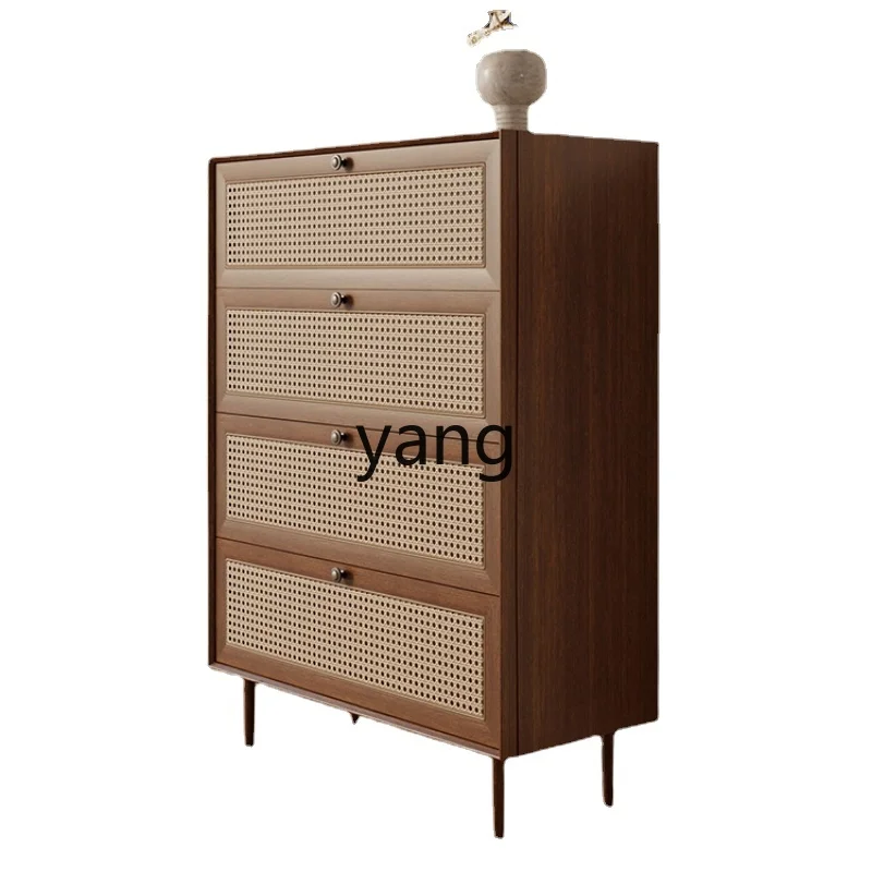 Yjq Vintage Chest of Drawers Bedroom Rattan Solid Wood Four Buckets Living Room TV Cabinet next to the Storage Cabinet