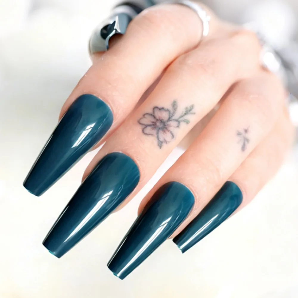 48Pcs Navy Blue Press On Fake Nail With Glue Long Ballerina Coffin Shaped Acrylic False Nails For Woman DIY Manicure Tools