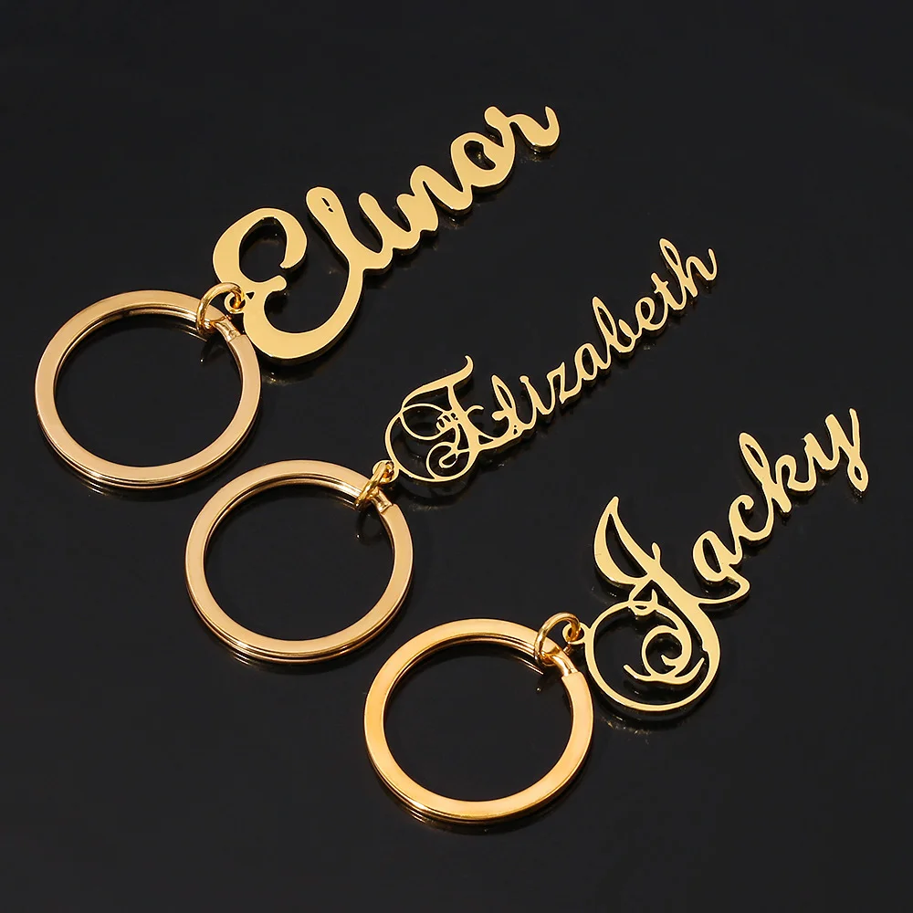 DUOYING Custom Name Keychain Personalized Cursive Script Name Key Ring Stainless Steel Key Pendant Women Birthday Wedding Gift