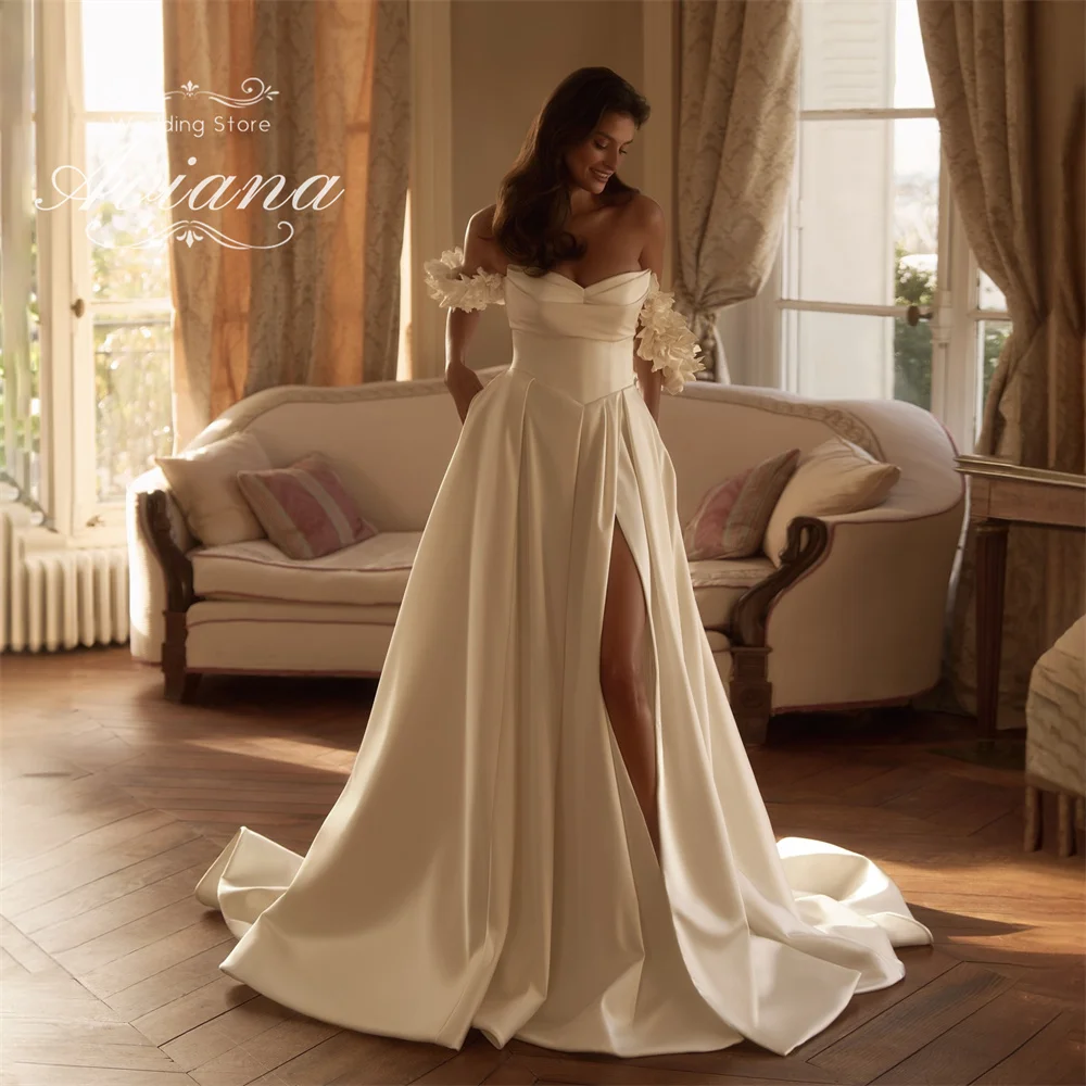 

Aviana Customized Sweetheart A-Line high Side Split Wedding Dress Sweep Train Floor Length Flower Off The Shoudler Ruffles 2025
