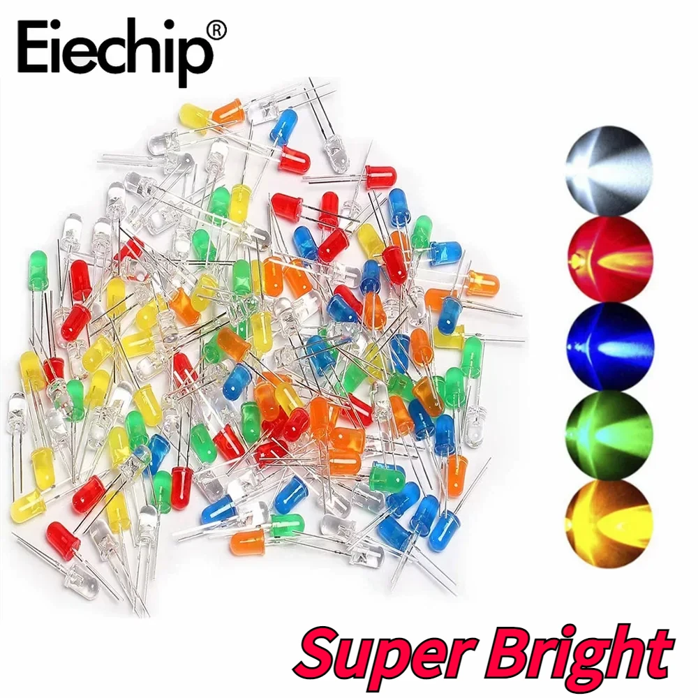 5colors x 20pcs 5mm Super Bright LED Diodes Kit  Multicolor Round Individual Light Emitting Diode Red/Green/Blue/Yellow/White