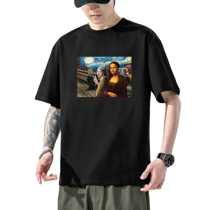 

World Famous Painting T-shirt Man Spoof Mona Lisa Last Supper Vintage Oil Painting Cat Print Dress Woman Harajuku Graphic TEE