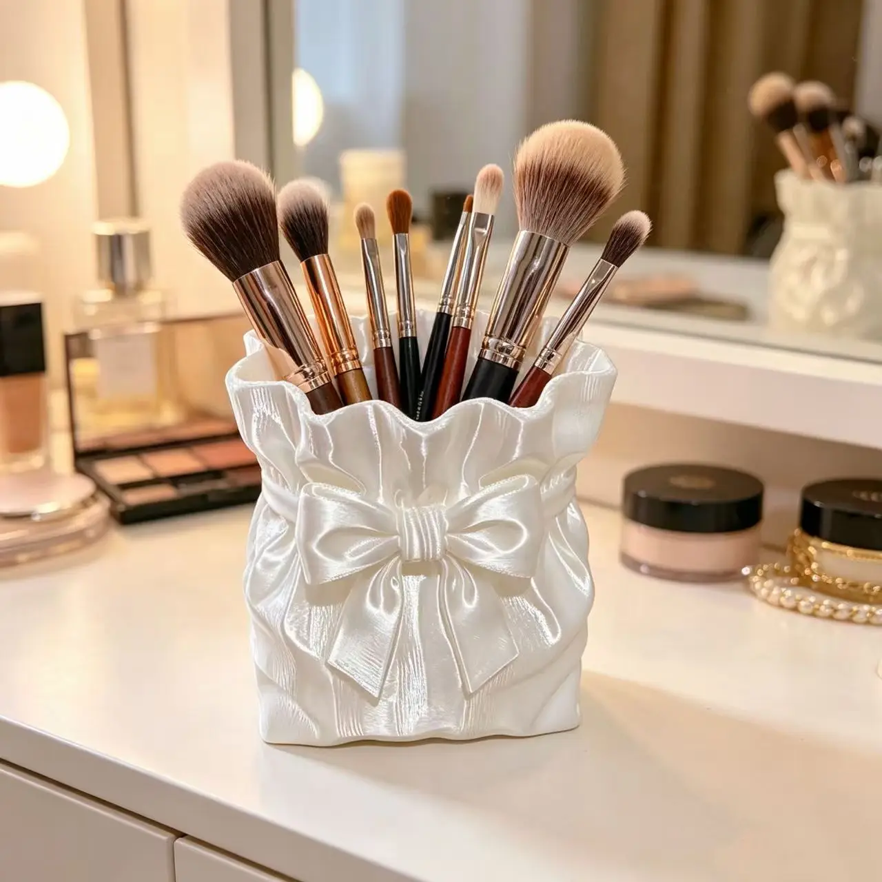Cute 3D Print Satin Bow Makeup Brush Holder Desktop Cosmetic Storage Bucket, Girl Vanity Organizer for Brushes Lipstick