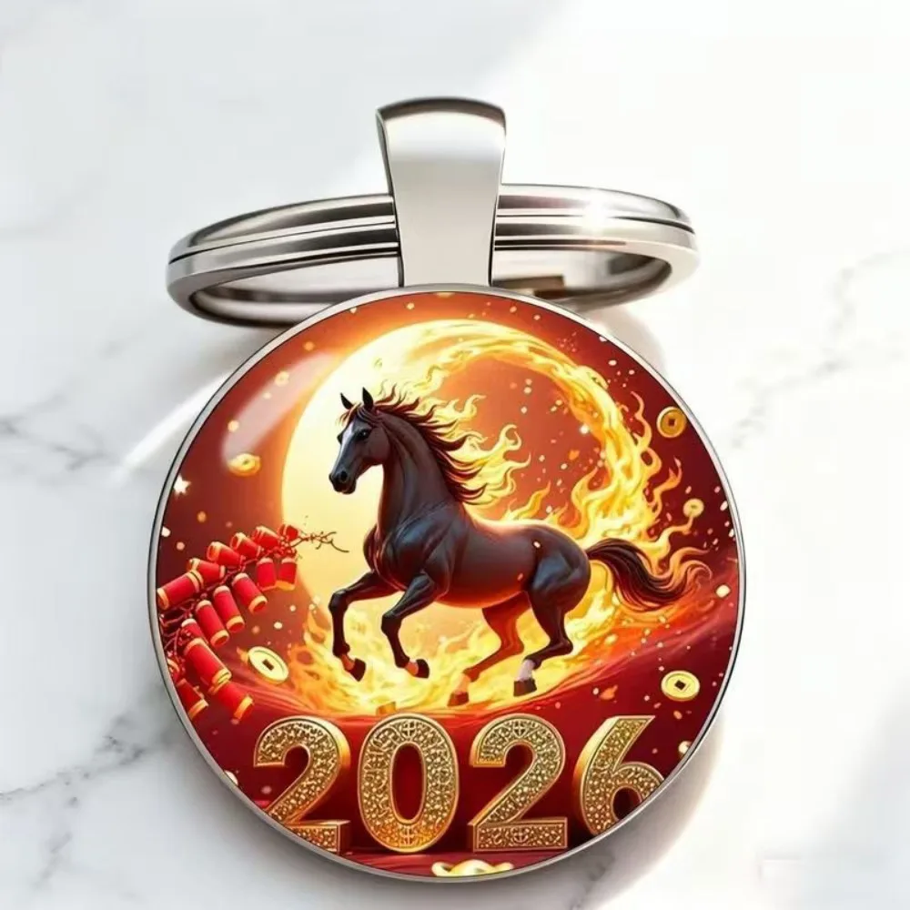 

Fashion 2D Flat Horse Pattern Keychain Vivid Round New Year 2026 Keychain Pendant Colorful Unique Car Keychain Gifts