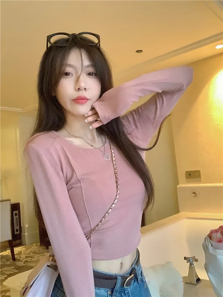 

Short T-shirt Women's Korean Version Slim-fit Long-sleeved Slim-fit Top