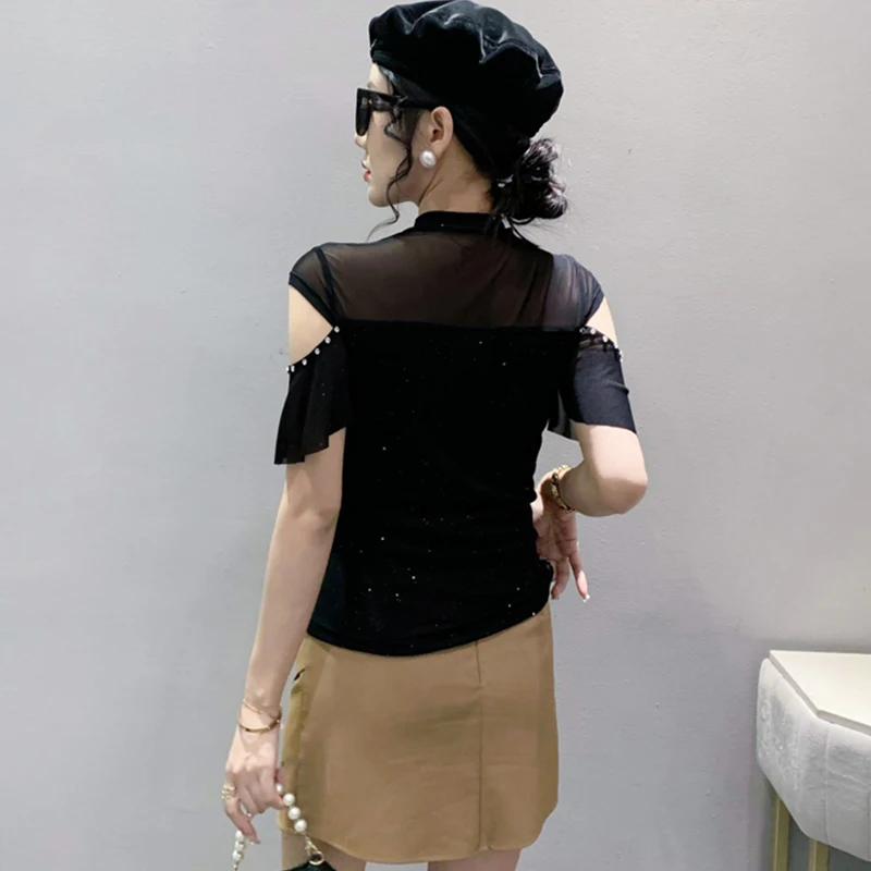 2023 New Summer Korean Clothes T-Shirt Women Fashion Sexy Stand Patchwork Mesh Rivet Tops Short Sleeve Shiny Casual Tees 35050