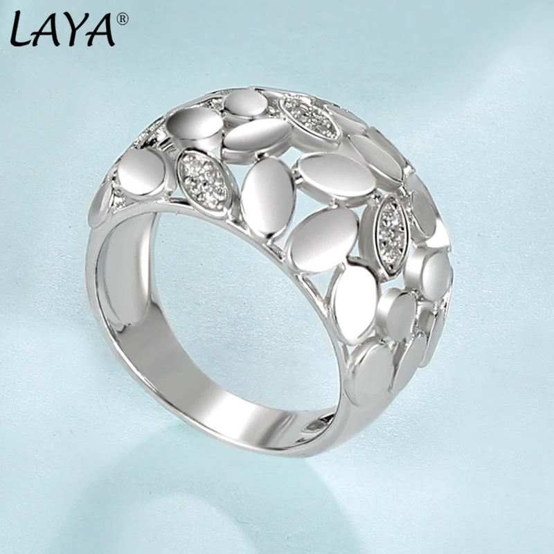 LAYA 925 Sterling Silver White Zircon Leaf Shape Wide Finger Ring For Women Wedding Original Luxury Fine Jewelry 2025 Trend
