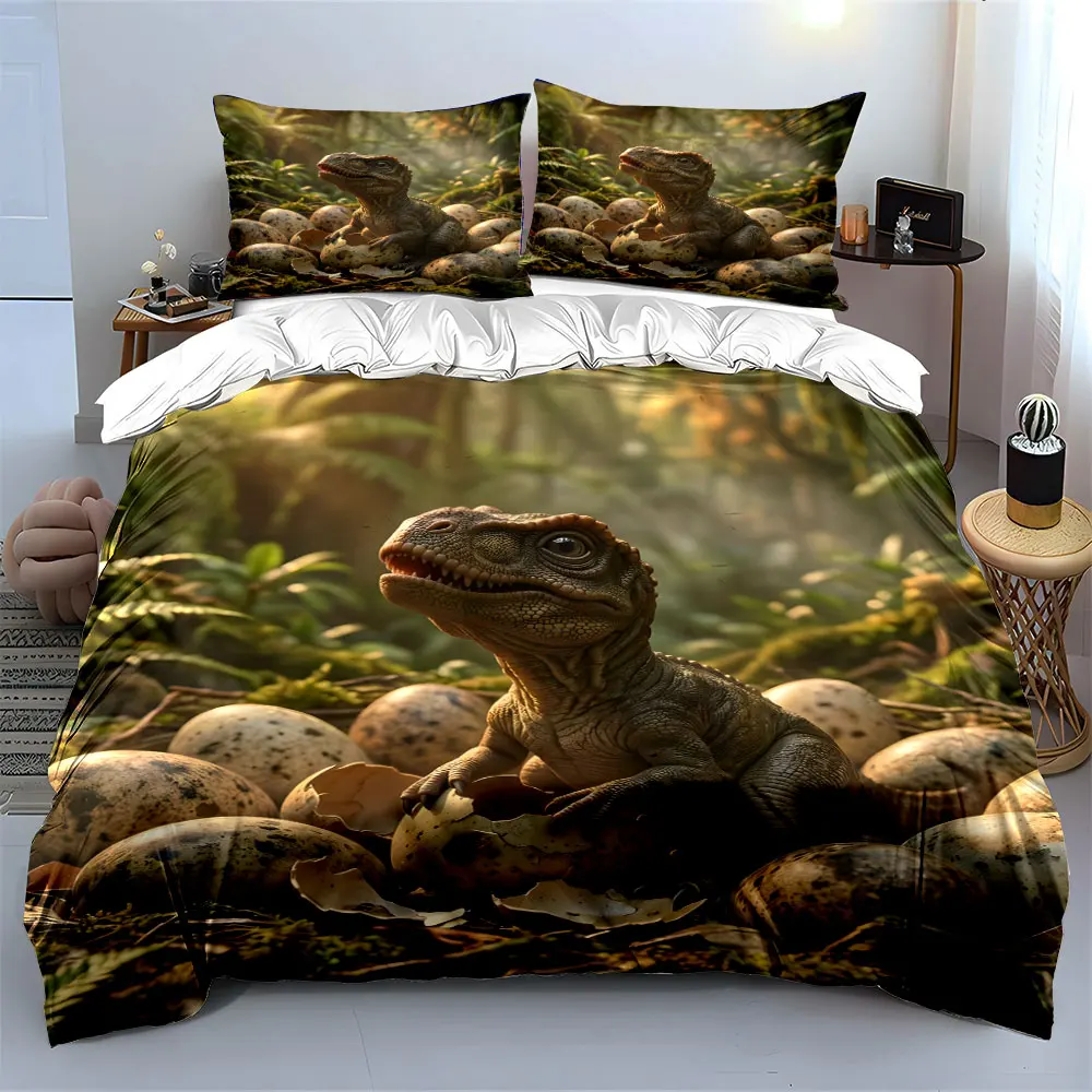 Primeval forest Hatching Baby Dinosaur Printed Duvet Cover Set 1 Duvet Cover+2 Pillowcase Multi Size Bedroom Bedding Decoration