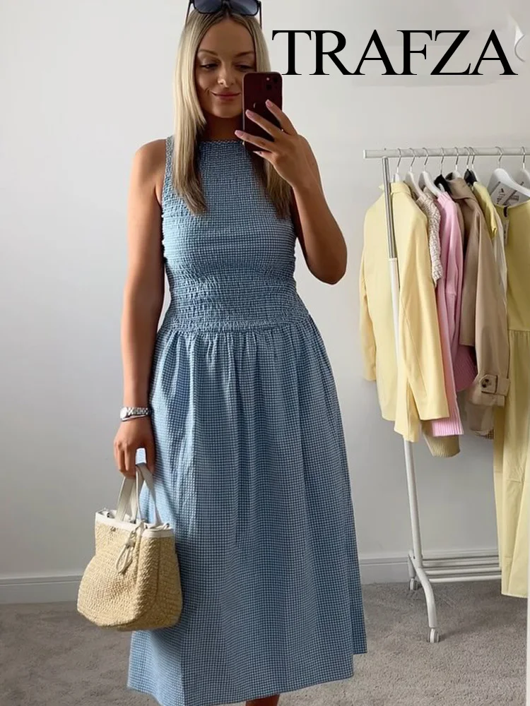 

TRAFZA 2025 Summer Dress For Women Fashion O-Neck Plaid Elastic Midi Dresses Woman Female Pleated Sleeveless Dress Vestidos
