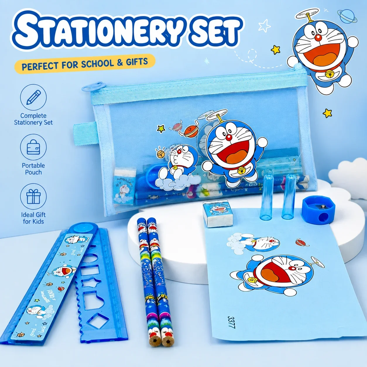 Cute Blue Cartoon Cat Kids Stationery Set Pencils Ruler Sharpener Pen Bag Eraser Back‑To‑School Student Birthday Gift