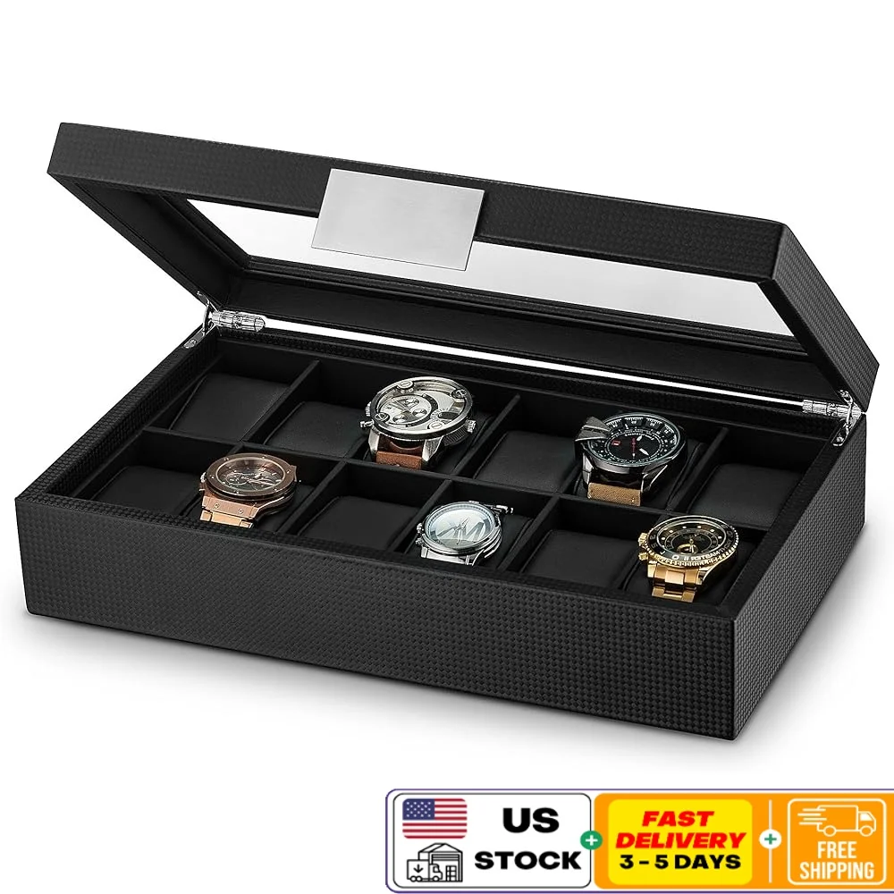 

12 Slot Men's Watch Organizer Carbon Fiber Textured Case Glass Top Display Luxury Holder Large Watches