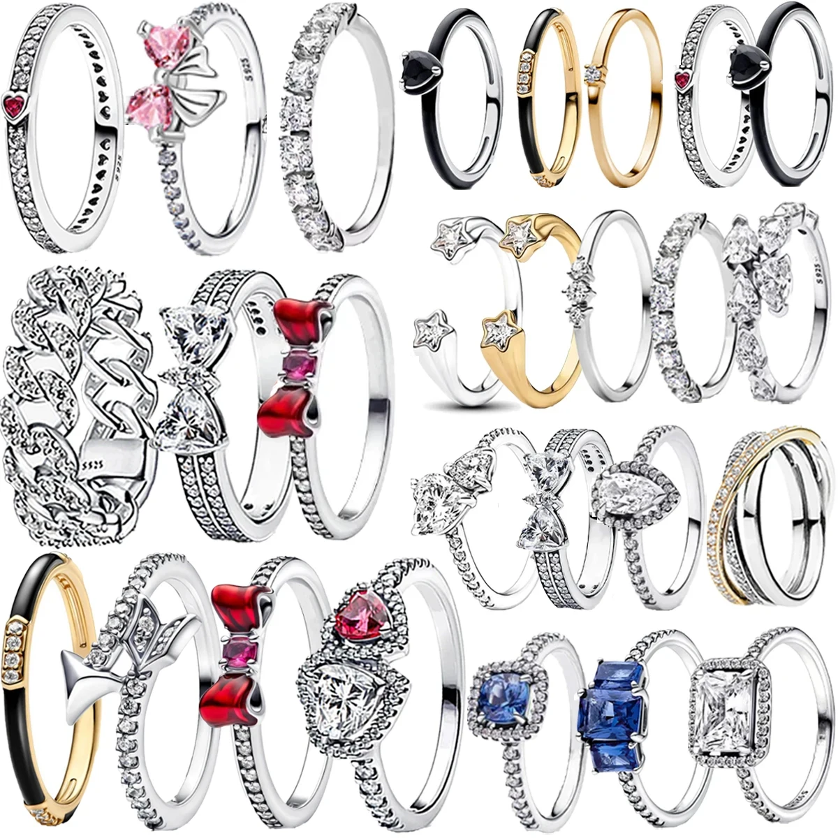 Nuevo anillo Original de Plata de Ley 925 con lazo en forma de corazón, sol, Luna, estrella, corona de flores para mujer, regalo del Día de la madre, joyería DIY