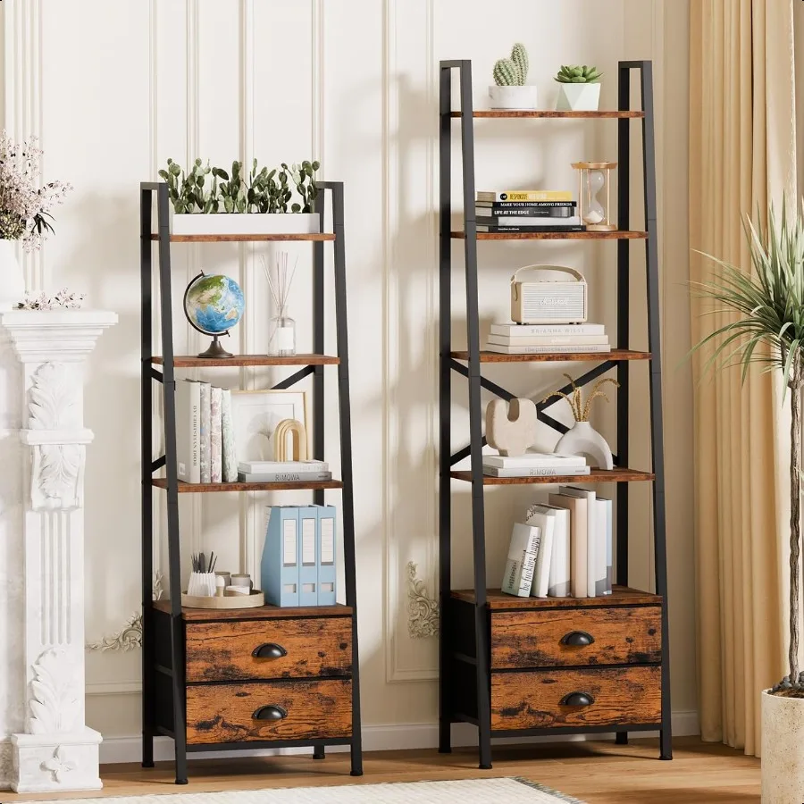 5Tier Ladder Shelf with 2 DrawersNarrow Bookshelf Storage Shees Industrial Bookcase Freestanding Rack Units for Bedroom Living