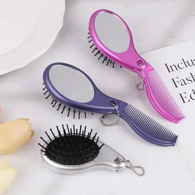 3-in-1 tragbare Haarbürste mit Spiegel und Flachkopfkamm, faltbar, mit doppeltem Verwendungszweck, Massagefunktion, trendiger Luftkissenkamm