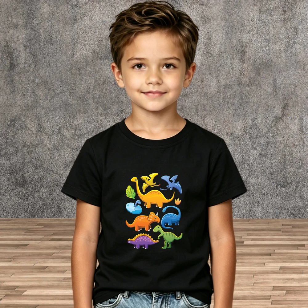 Boys Cartoon Dinosaur Print Cotton Tops Summer Kid Short Sleeve Tees