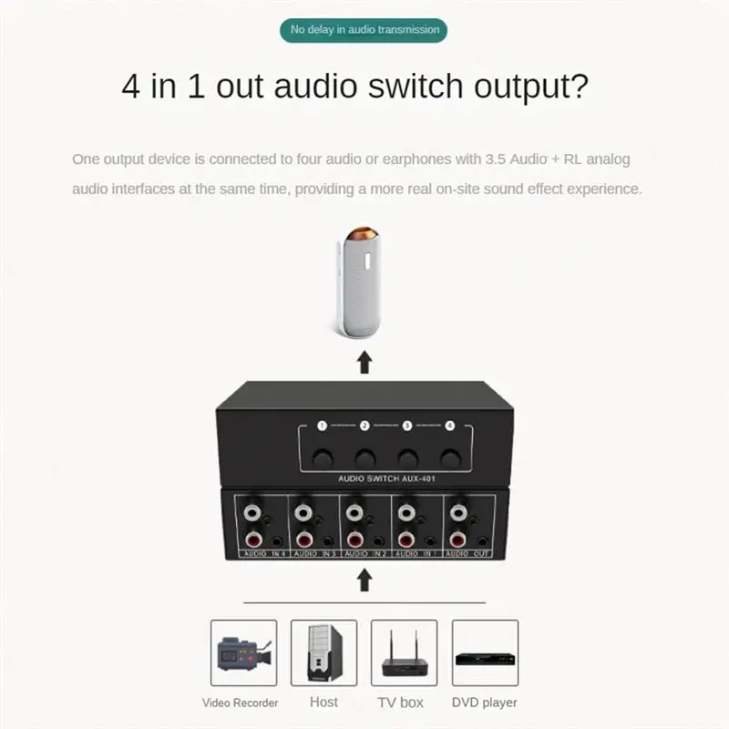 RCA AUX Audio Switcher 4 In 1 Out Stereo Audio Selector 4X1 3.5Mm Aux L/R RCA Audio Switch Box Analog Audio Selector, B Durable