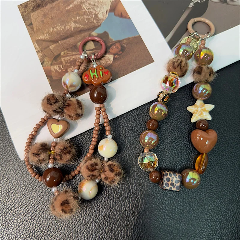 

1pc Luxury Leopard Print Rhinestone Star Bracelet Pendant Simplicity Plush Short Phone Strap Style Phone Earphones Chain Pendant