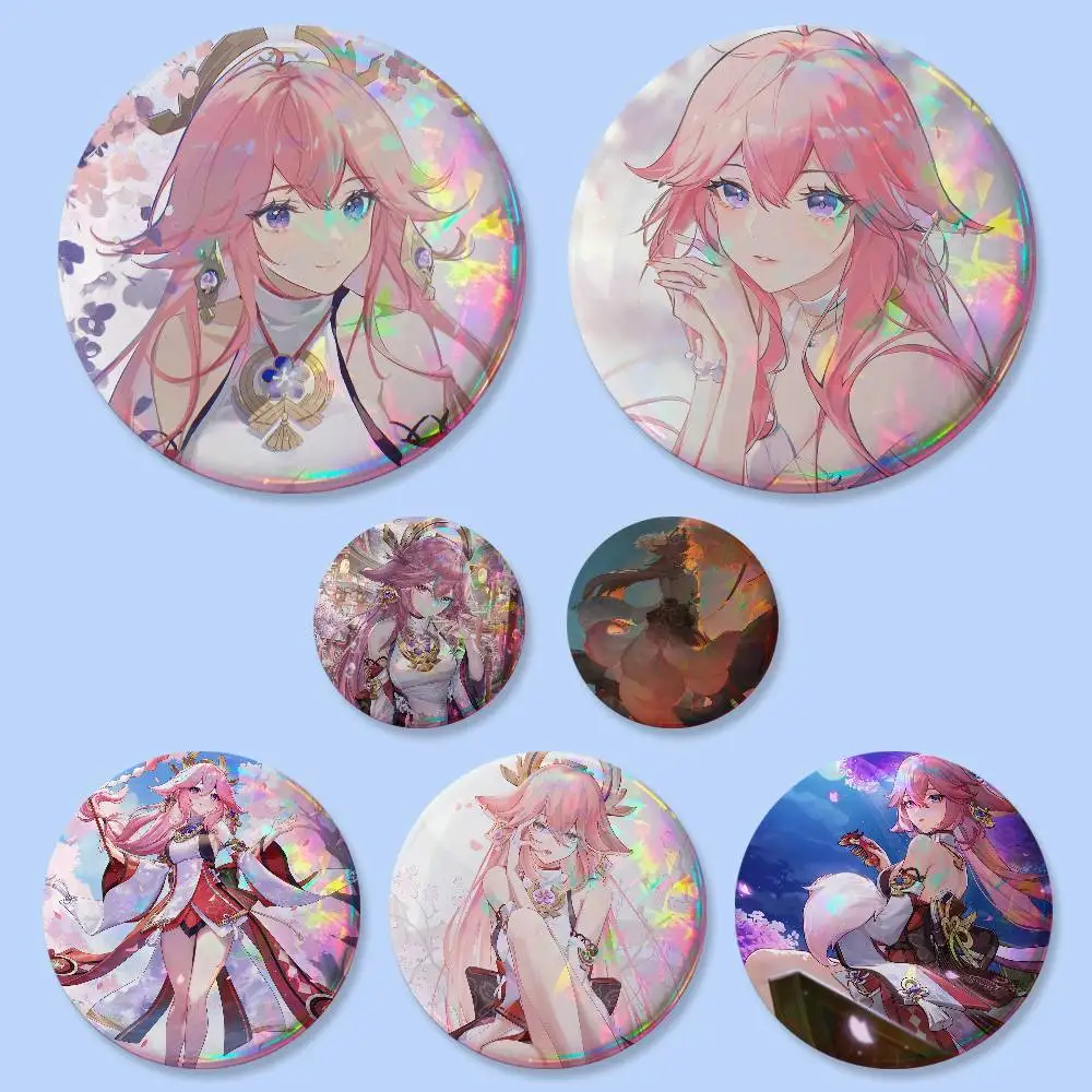 1pc Yae Miko Genshin Impact Badges 25 32 44 58 75 Mm Round Cosplay Pin Bag Decor Fans Collect Friends Gifts Brooch Souvenir