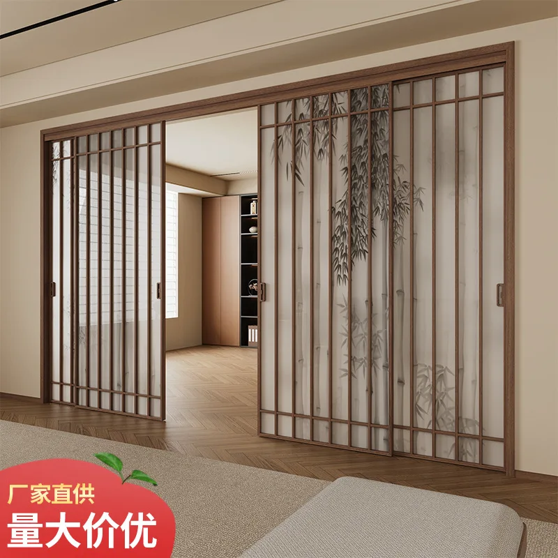 Retro Song's aesthetic sliding door Kitchen balcony Living room partition grille sliding door New Chinese bamboo shadow glass do