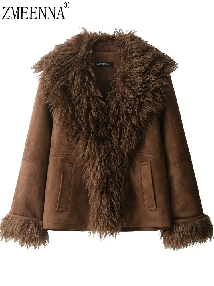 

ZMEENNA Womens Fashion Shearling Jacket Shaggy Faux Fur Collar Trim V Neck Long Sleeve Warm Winter Outerwear Brown ZM4354