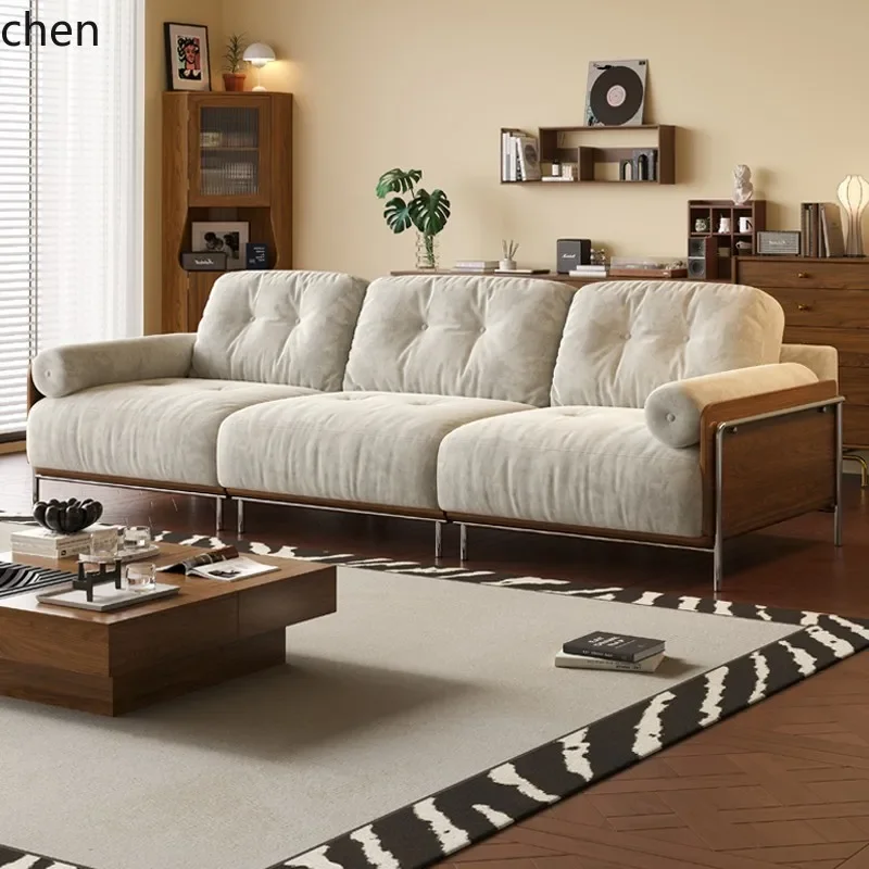

PYH Solid Wood Sofa Living Room Straight Row Mid-century Style Furniture Winter Summer Dual-use Fabric Sofa