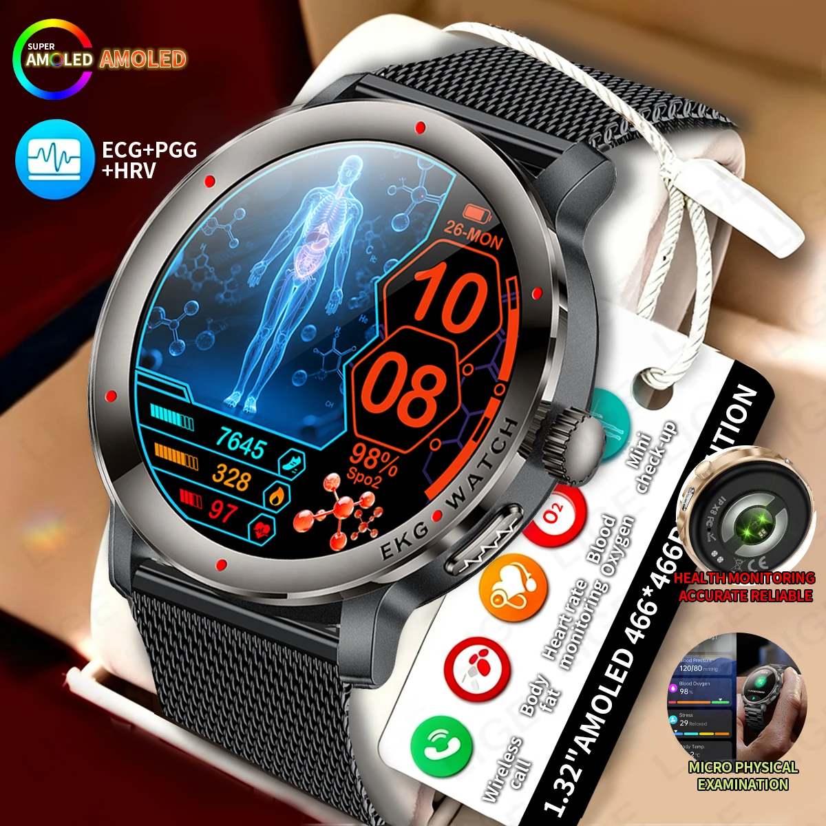 LIGE New Nursing Grade Smart Watch Blood Oxygen ECG Health Monitor Uric Acid Temperature Bluetooth Call AMOLED Screen Smartwatch