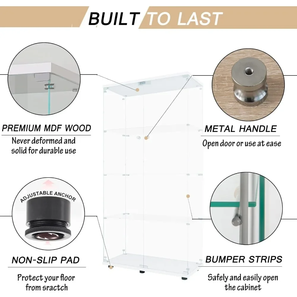 Vitrina de vidrio con luces LED y cerradura, Curio vitrina de puertas de vidrio con 2, vitrina de pie, estantería