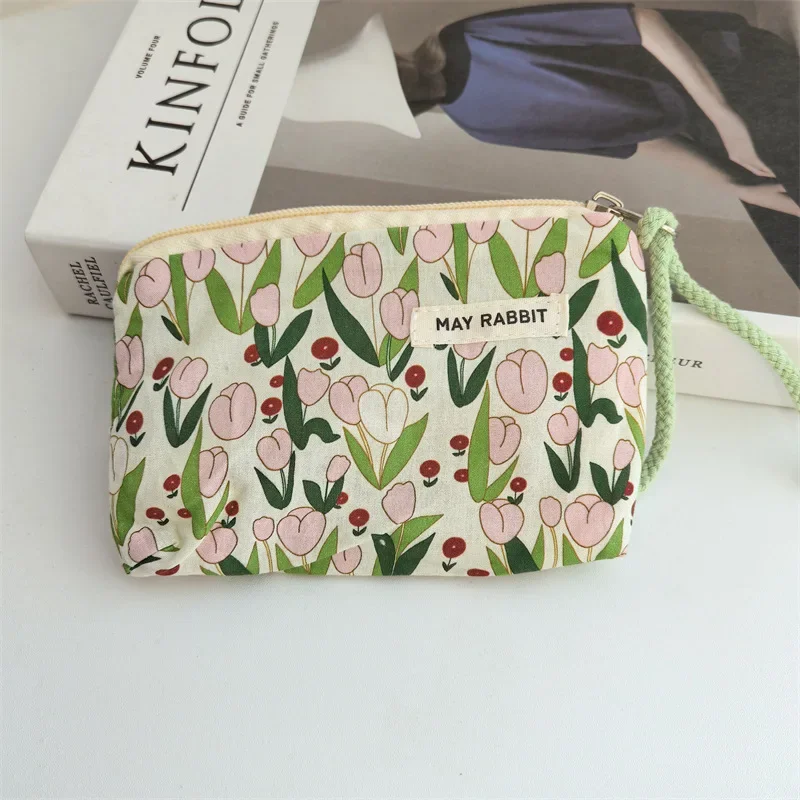 Flower Letter Prints Women's Storage Bag Plaid Bowknot Cotton Cloth Ladies Cosmetic Bags Vintage Female Small Clutch Purses