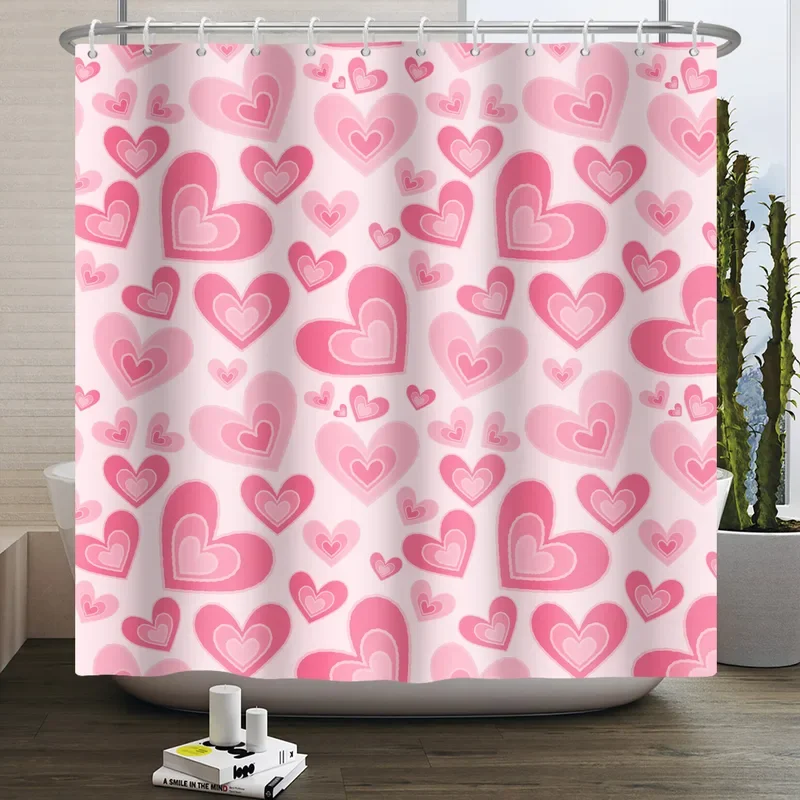 Pink Heart Shower Curtain Romantic Valentine's Day Bathroom Decoration Polyester Fabric Waterproof Hanging Curtains With Hooks