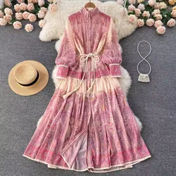 Holiday Chiffon Maxi Dress Women Clothing Turleneck Long Lantern Sleeve Retro Flower Print Belted Lace Up Loose Vestidos Pinnk