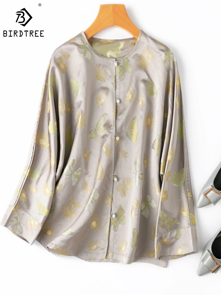 

Birdtree 100%Mulberry Silk Both Sides Wearing Shirt Song Brocade Chinese Style Round Neck Long Sleeve Literary Blouse T30672QD