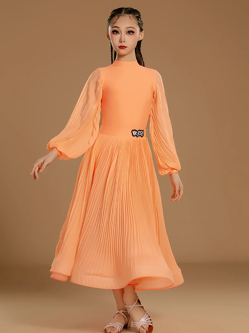 Kids Girls Waltz Tango Ballroom Dance Professional Dresses Girls Orange Latin Dance Dress Performance Modern Dancing Clothes