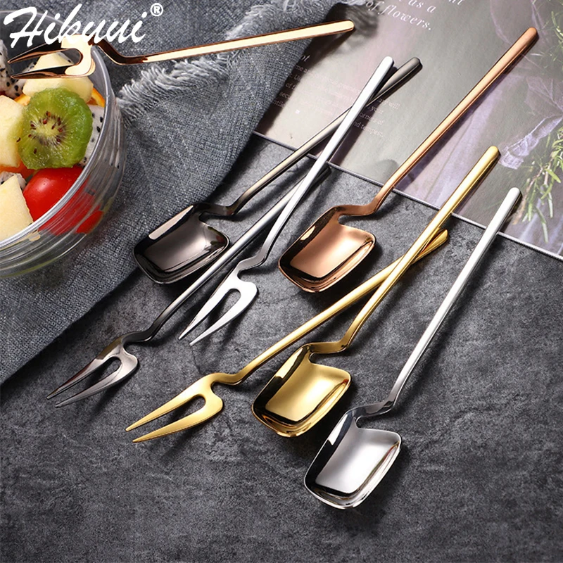 6 Pcs Dessert Spoons Fork Set SUS 304 Stainless Steel Mixing Spoon Cake Fork Coffee Mixing Spoon Fruit Fork Can Hung Spoon Fork