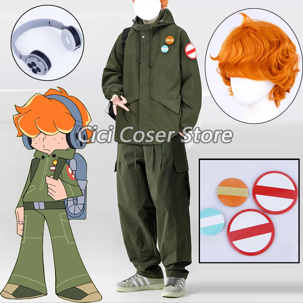 

Animr Burifu Cosplay Costume Army Green Jacket Coat Pants Badges Headset Briefers Rock Wig Short Orange Curly For Halloween Men