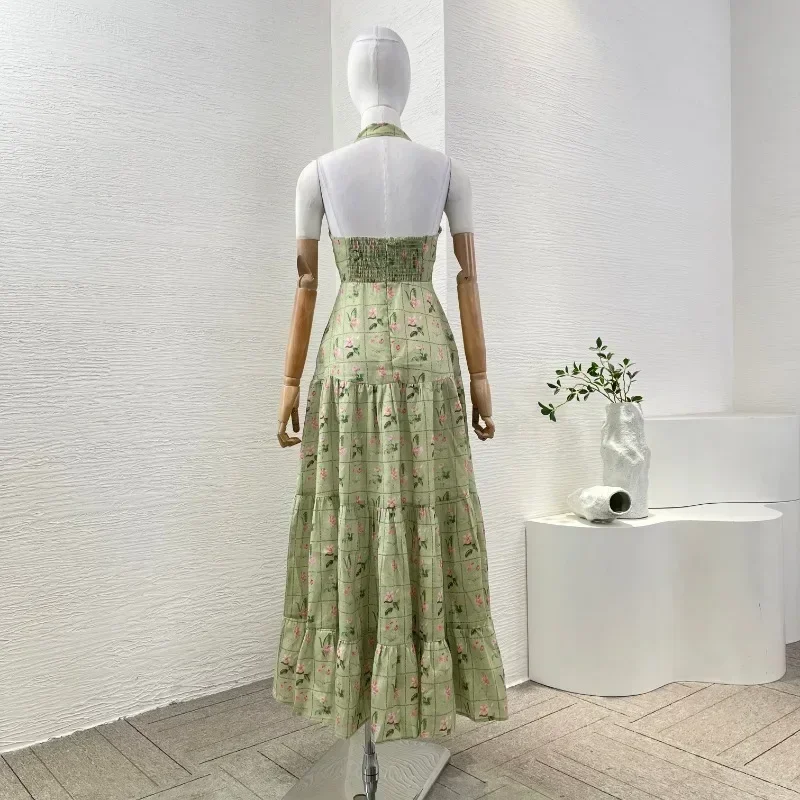 Women's High Quality Midi Dresses Linen Green Checkered Floral Elegant Sleeveless Neck 2025 for Holiday Party