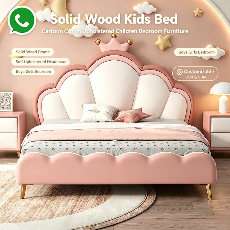 Pink Crown Princess Kids Bed, Solid Wood Frame Leather Upholstered Children Bed for Girls Modern Bedroom Home Furniture