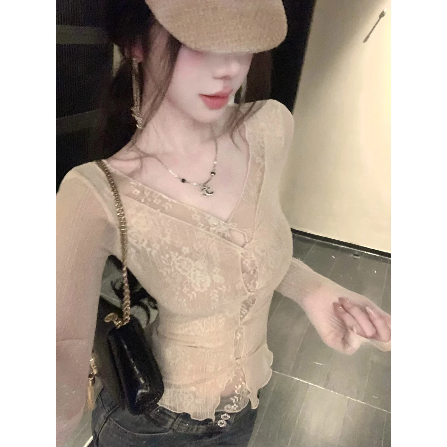 

Женская облегающая футболка Syqiao Pure Desire с длинным рукавом, имитация двухслойности, с ароматизированным кружевом, из полиэстеровой смеси