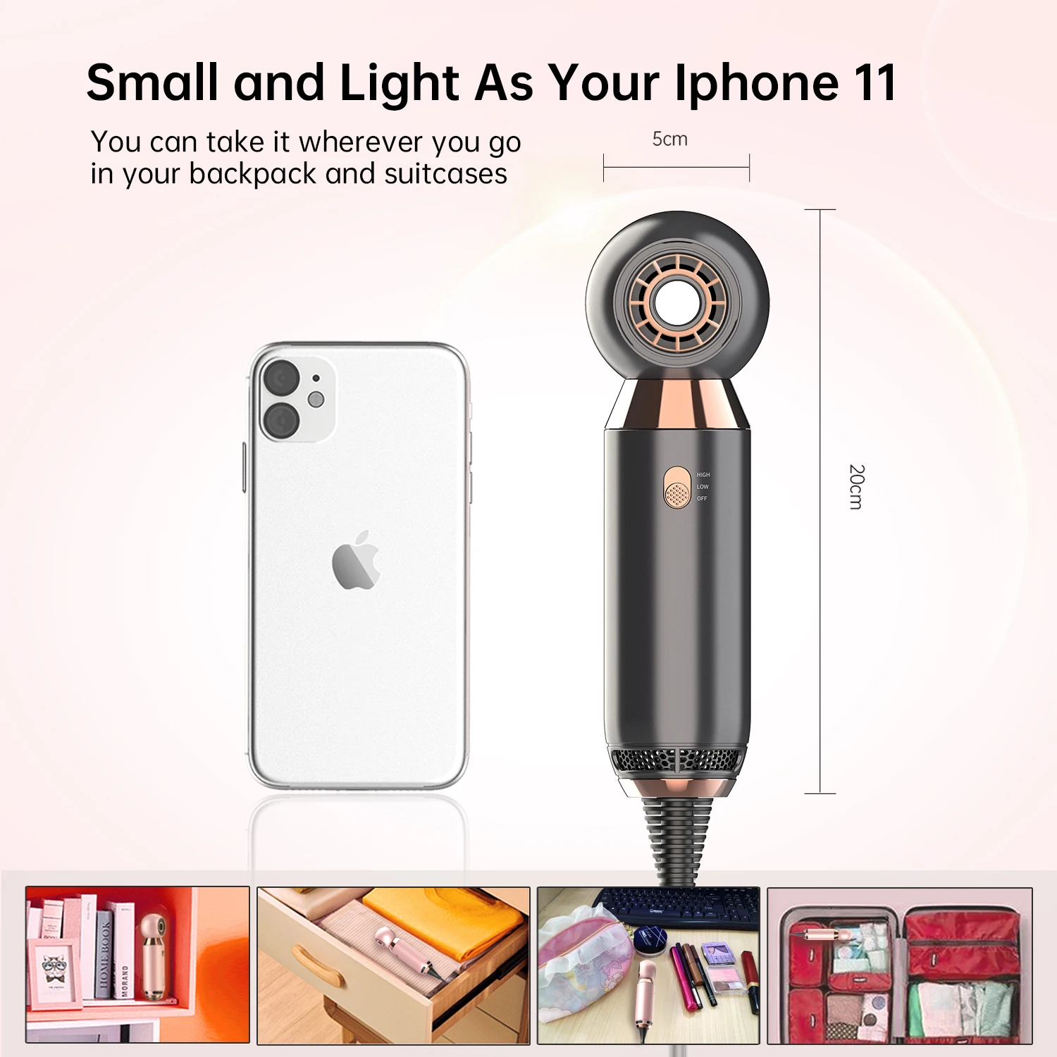 Pengering Rambut Tanpa Daun Portabel 800W Angin Kencang 370G Blower Perjalanan Ringan Mini Rumah Tangga 2 Gigi Alat Penata Rambut Cepat Kering