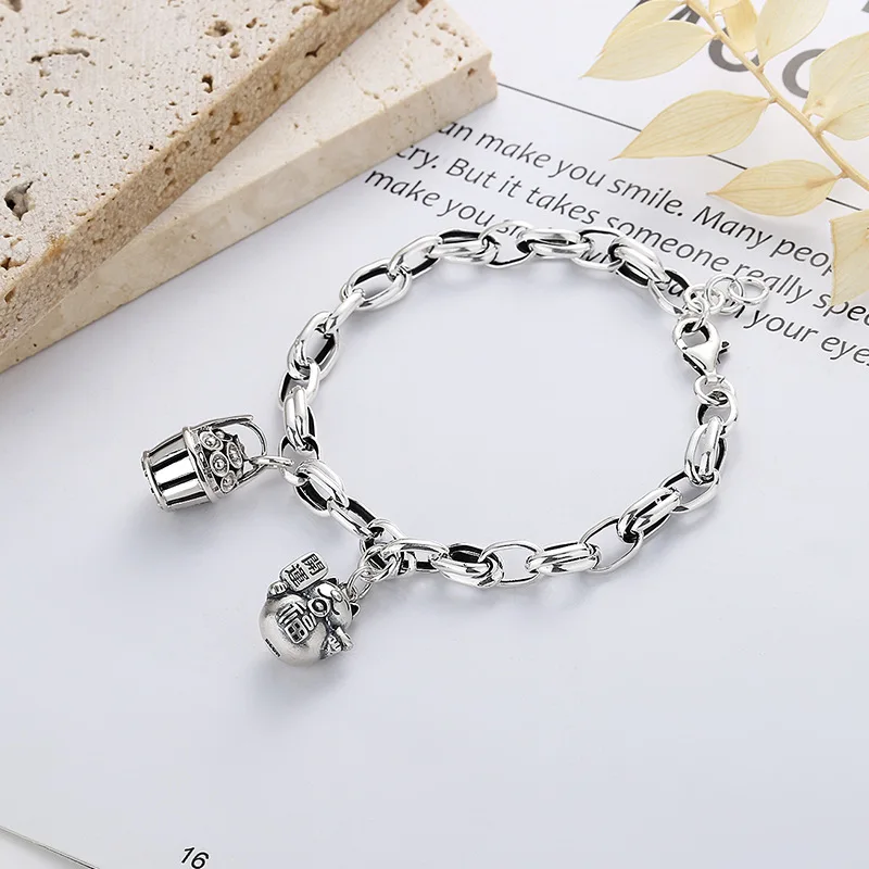 S925 Sterling Silver Bracelets for Women Men Retro Fortune Cat Charm Creative Hand String Bangle Fashion Jewelry Wholesale