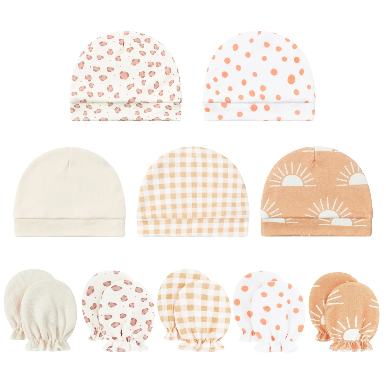 2026 Four Season Newborn Pure Cotton Set Unisex Round Beanie Elastic Anti Scratch Mittens