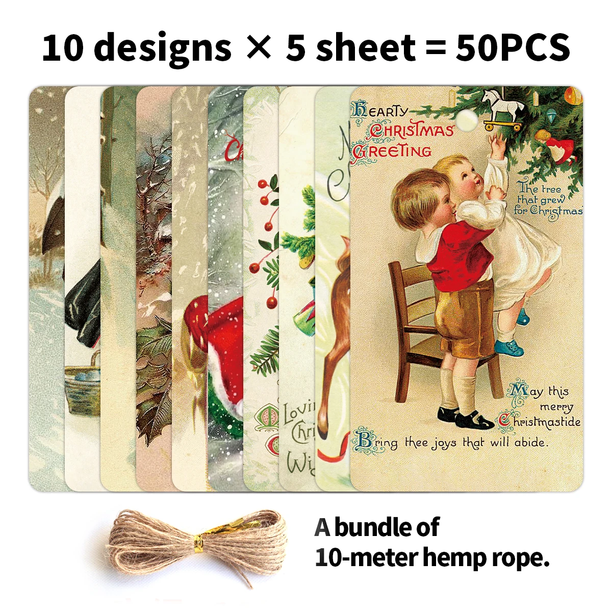 50pcs Christmas Gift Tags with 10m Hemp Rope, Hang Tags for Handmade Items, Packaging Tags for Wedding Party Christmas Supplies