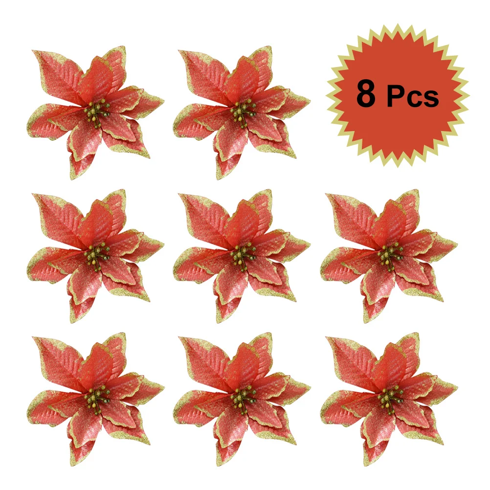 

8pcs 13Cm Christmas Flower Decor Glitter Artificial Flowers For Xmas Tree Wedding Table Ornament Purple Fake Decorative Flowers