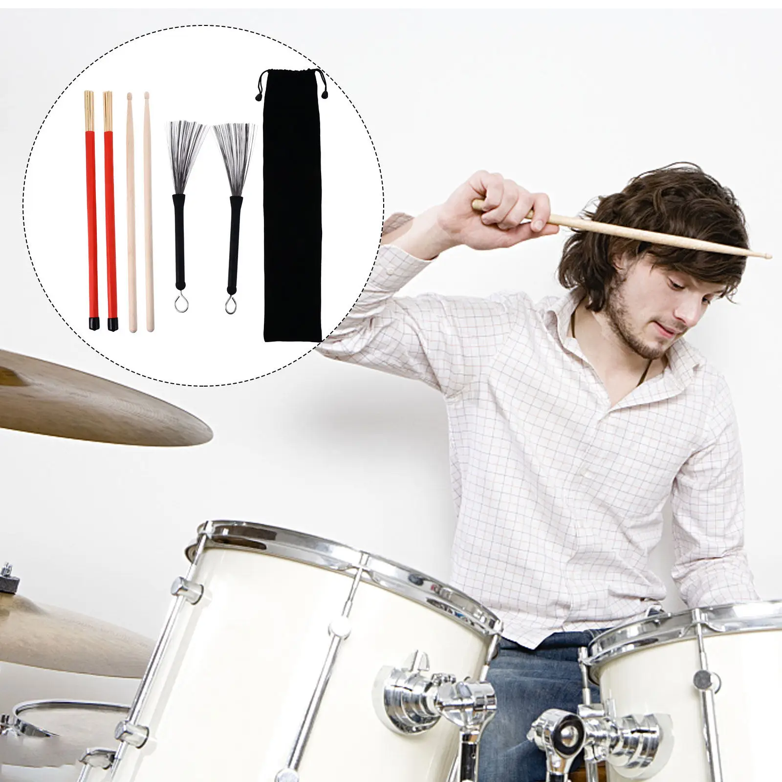 

Набор профессиональных барабанных палочек (1 комплект) с выдвижной стальной щеткой и бамбуковой щеткой: гладкие, сбалансированные, прочные аксессуары для низкочастотных барабанов
