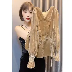 European  V-neck Inner lap Shirt female Sense of design minority Waist shirt French elegance Canary velvet jacket