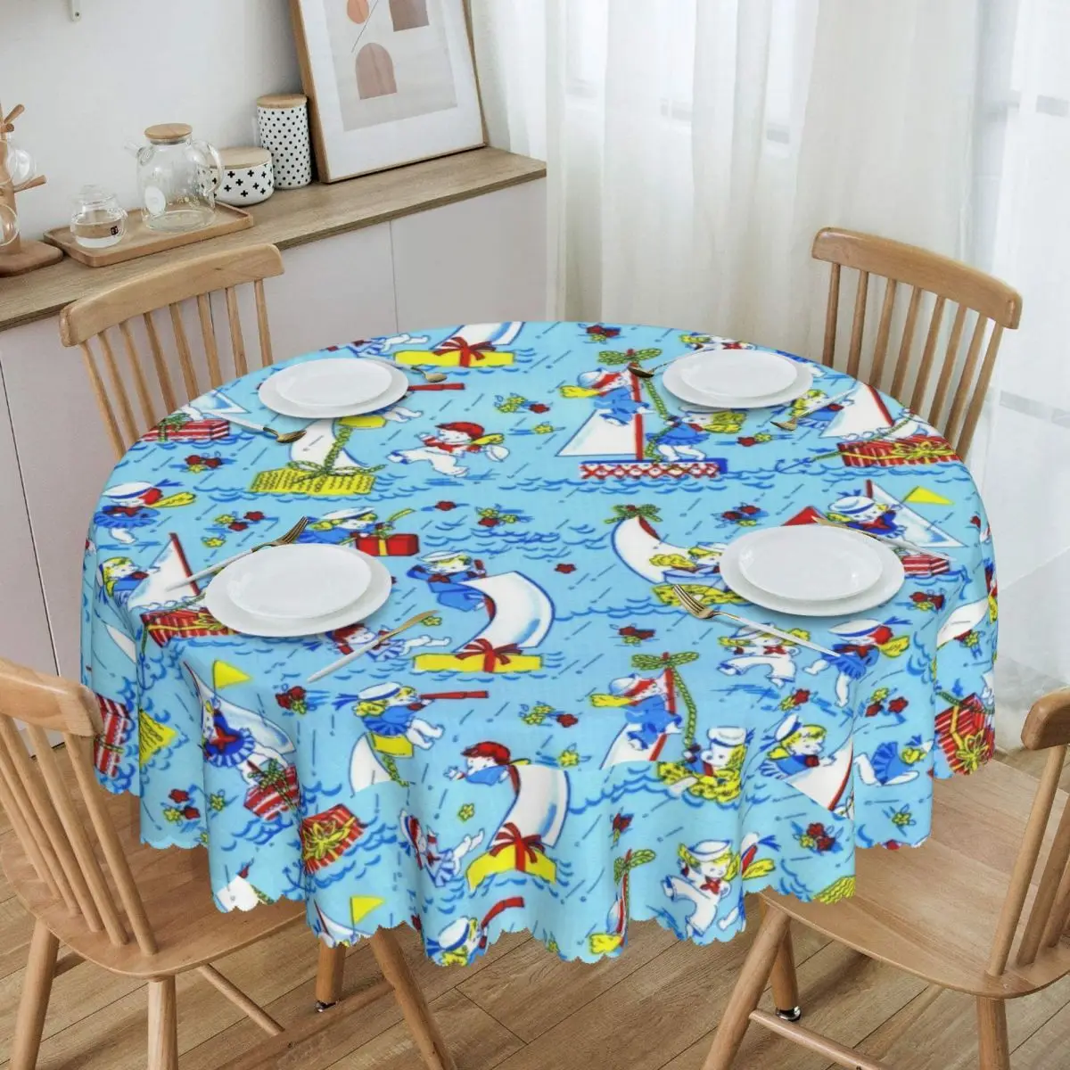 Customized Round Nautical Scatter Tablecloth Waterproof Oil-Proof Table Cover 60 inches Table Cloth