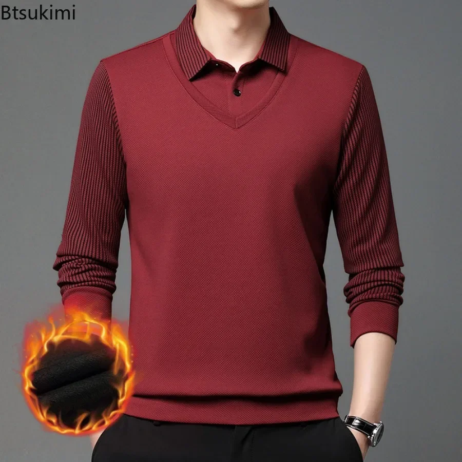 Autumn Winter Men's Fleece Warm Shirts Fashion Stripe Splice Fake Two-piece Business Casual Pullover T-shirts Male Sweater Tops