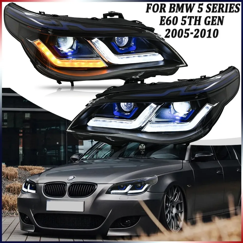

1 пара светодиодных фар в сборе, подходит для BMW 5 серии E60 E61 2005-2010, обновленная передняя фара, аксессуары для фар DRL