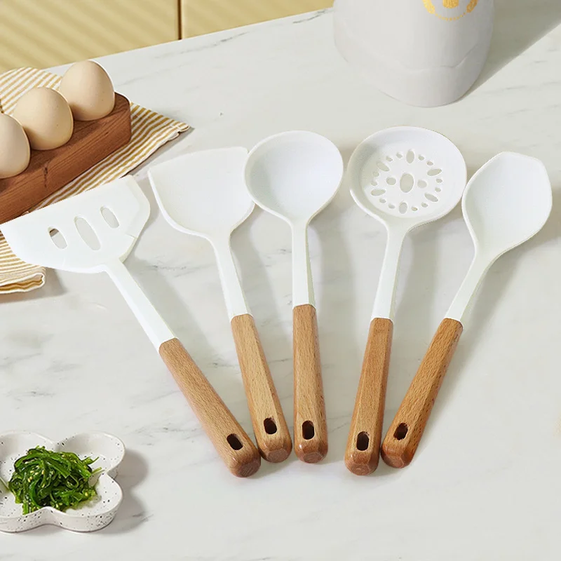 Non-stick Silicone Cooking Utensils Set  Kitchenware Wooden Handle Spatula Spoon Turner Soup Ladle Whisk Cookware  Kitchen Tools