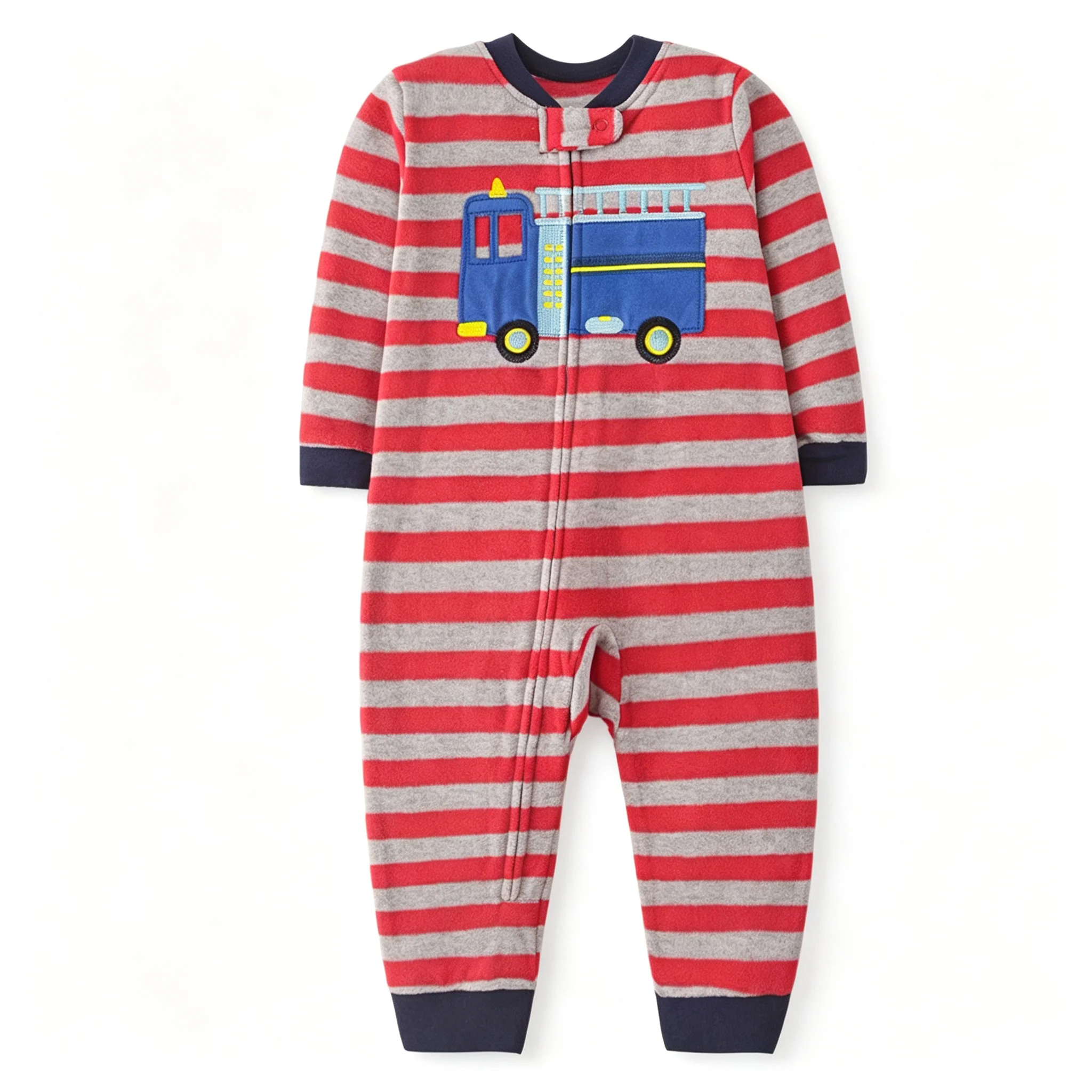 Baby Boys Warm Polar Fleece Romper Footless Design Fire Truck Embroidery Striped Long Sleeve Zipper Infant Clothes