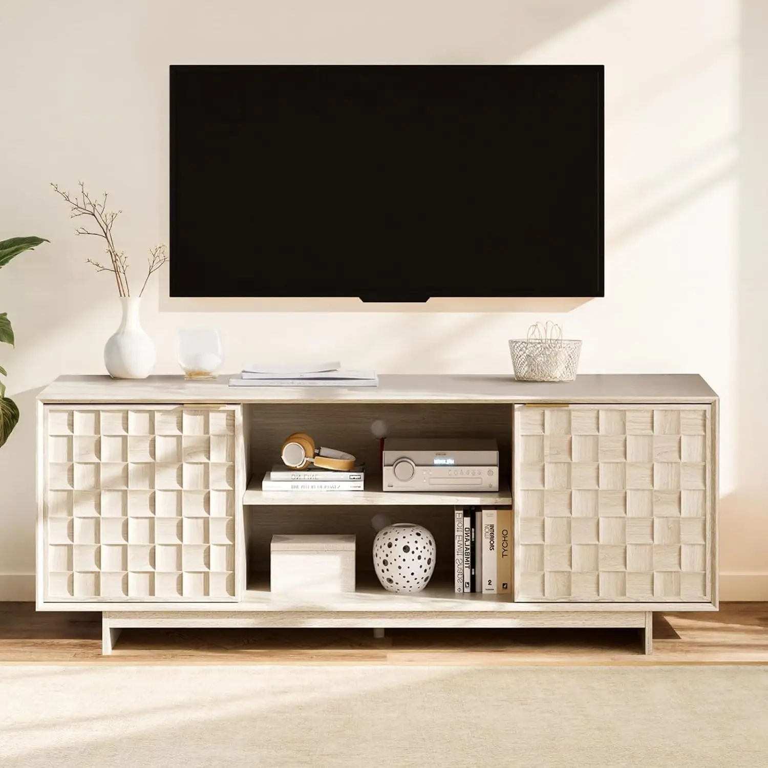 

Тумба под телевизор с двумя дверцами, медиацентр 59 дюймов с регулируемыми полками и местом для хранения, тумба в стиле Mid-Century Modern для телевизоров до 50 дюймов